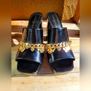 Leather Platform Black Heels With Gold Accent Chain